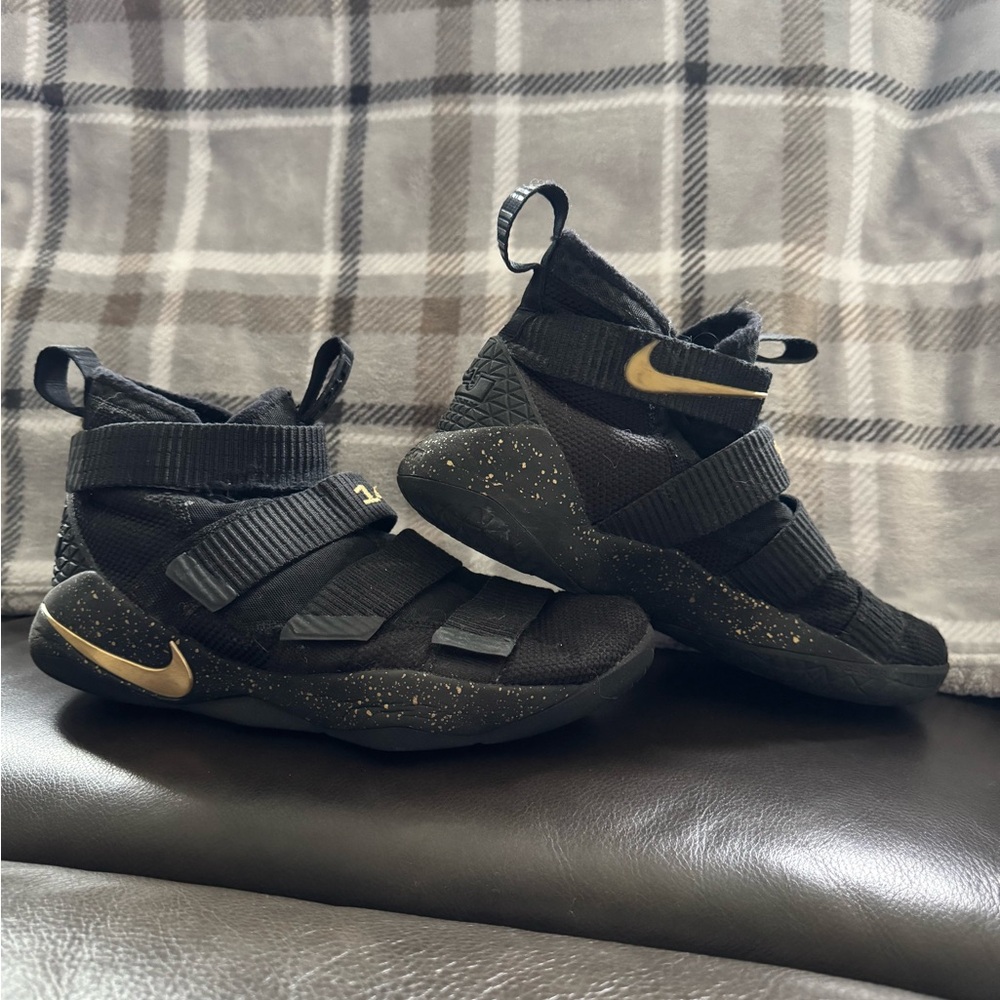 Custom Black and Gold Nike LeBron Soldier XI Basketball Shoes